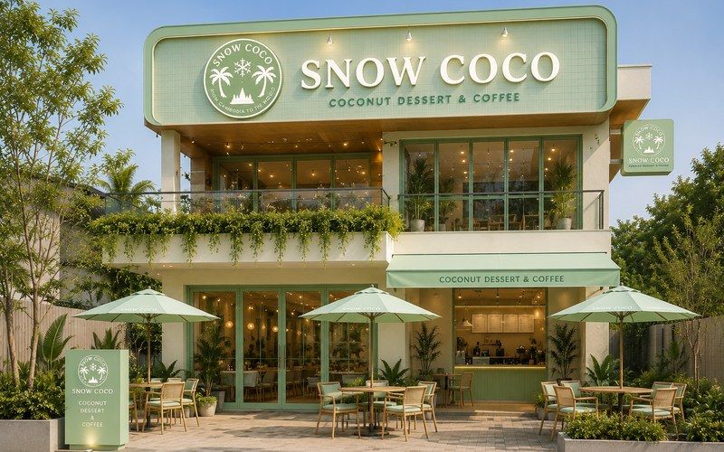 Snow Coco 매장 외관 - 민트그린과 화이트 톤의 코코넛 디저트 카페