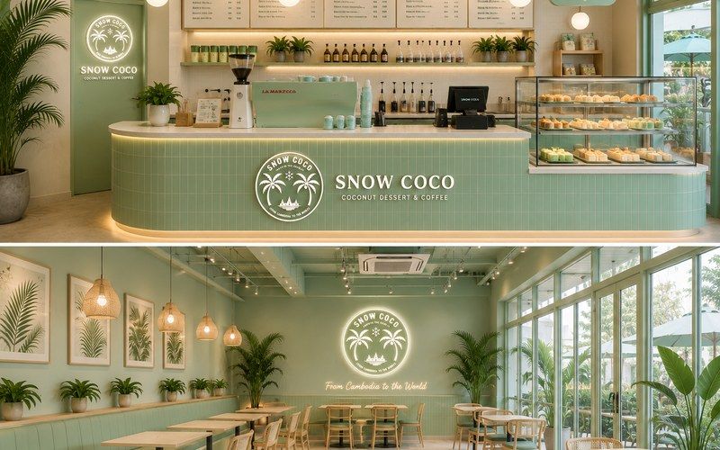 Snow Coco 매장 내부 - 민트그린 바와 화이트 인테리어